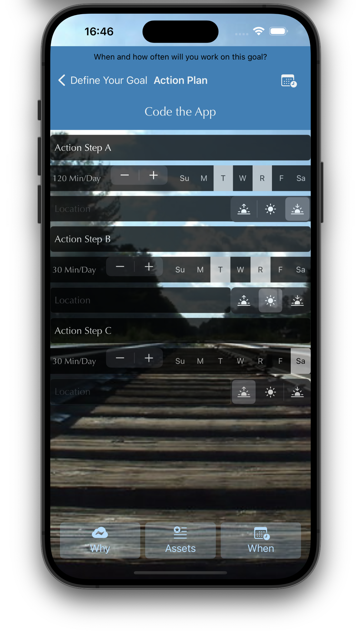 Image of Action Life Management running on an iPhone 15 Pro Max